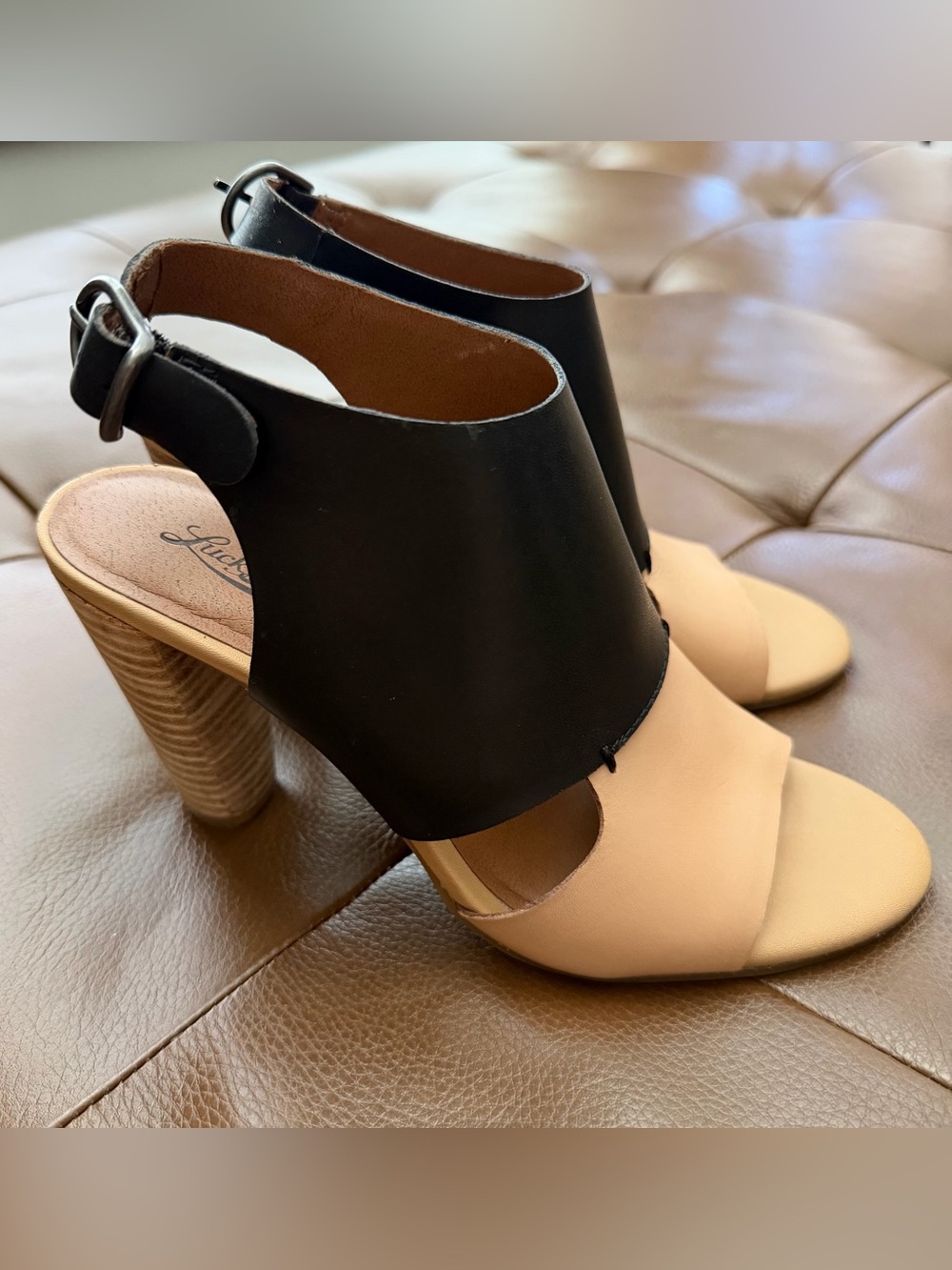 Lucky Brand Black and Nude Two-Tone Block Heel Sandals